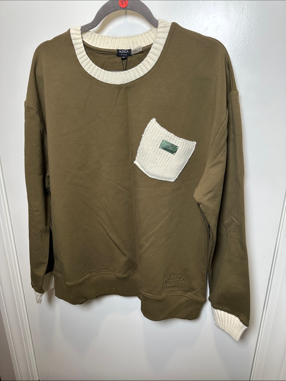 Altea Olive Crewneck Sweater with Cream Trim and Patch Pocket (51)